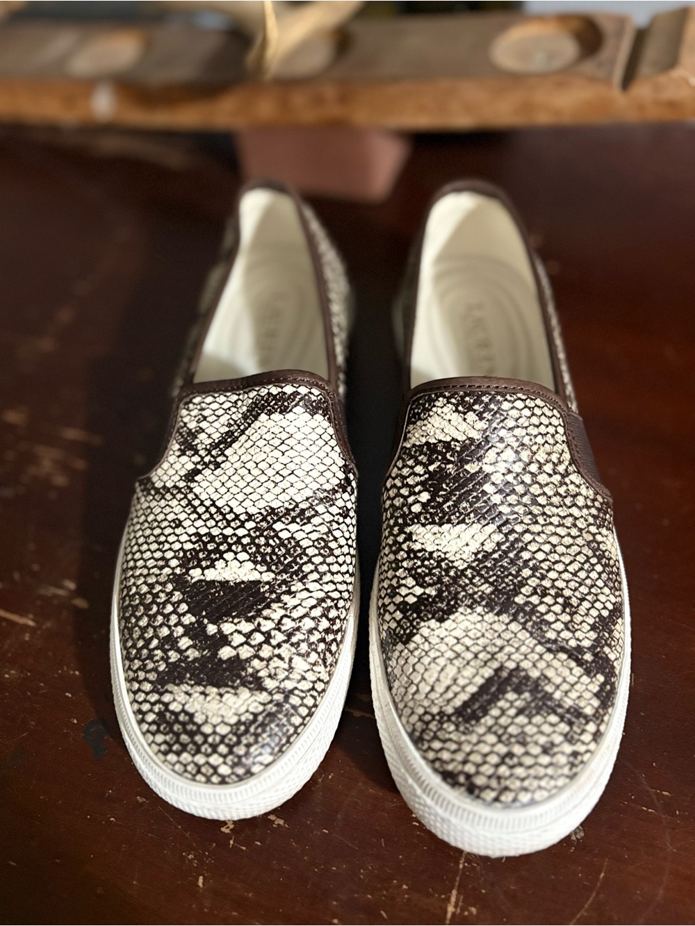Ralph Lauren Snake-Print Slip-On Loafers in White and Brown